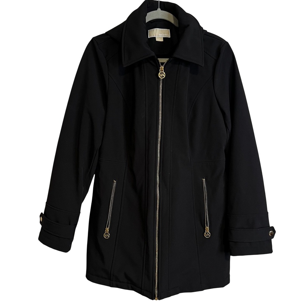 Michael Kors Black Softshell Hooded Jacket Faux Fur Lined Gold Hardware Medium